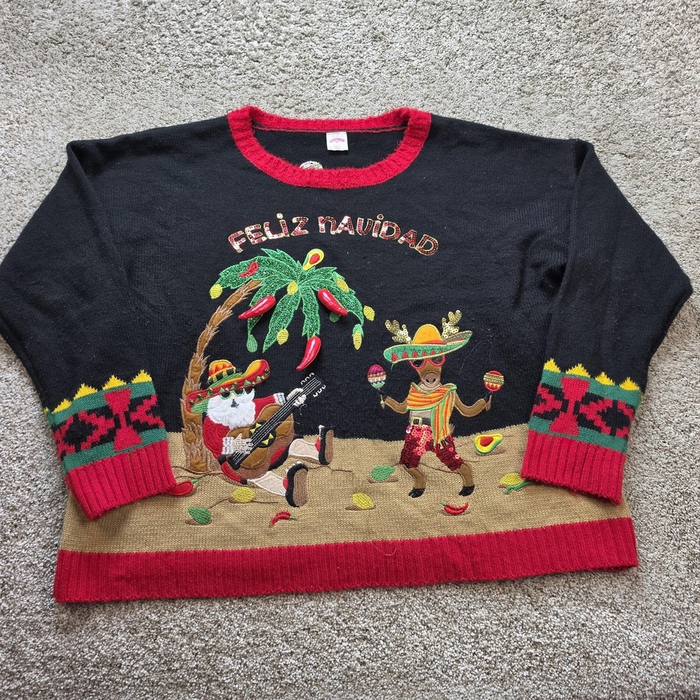 Holiday Time Sweater Kids XL Black Santa Sequined Feliz Navidad Ugly Christmas